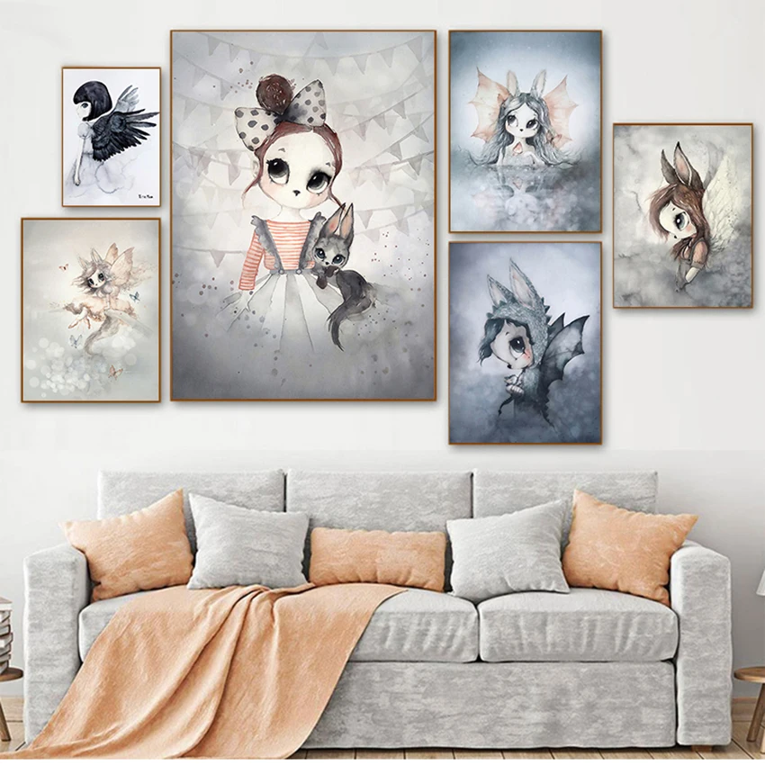 Picture Deer Rabbit Angle Wing Animal Abstract Sweet Living Room Home Decor Poster Print Nordic Canvas Painting Girl Bedoom Wall