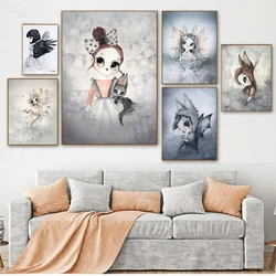 Picture Deer Rabbit Angle Wing Animal Abstract Sweet Living Room Home Decor Poster Print Nordic Canvas Painting Girl Bedoom Wall