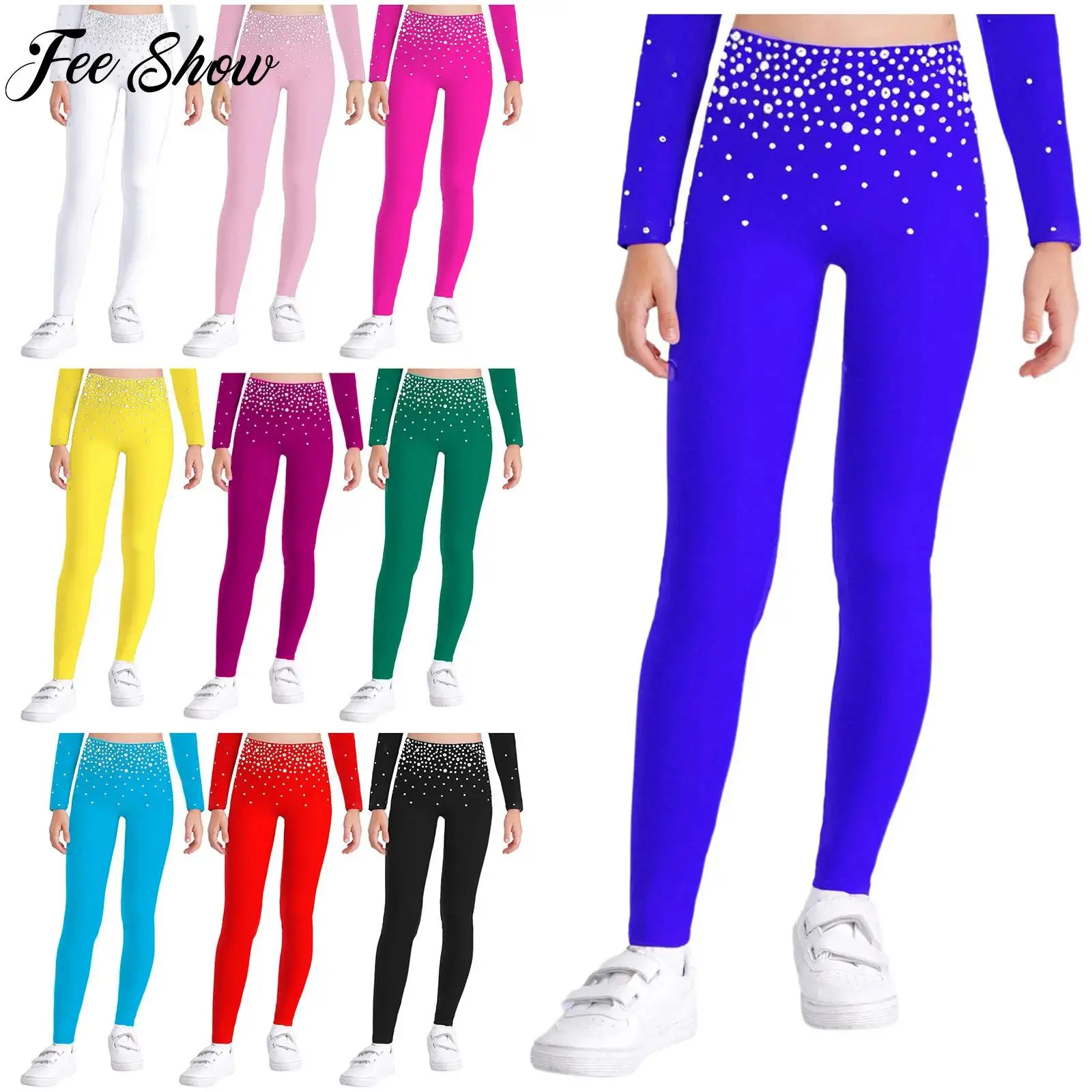 

New Kids Girls Ballet Dance Pants Bottoms Elastic Waistband Leggings Rhinestones Yoga Sports Pants for Gymnastic Workout Dancing