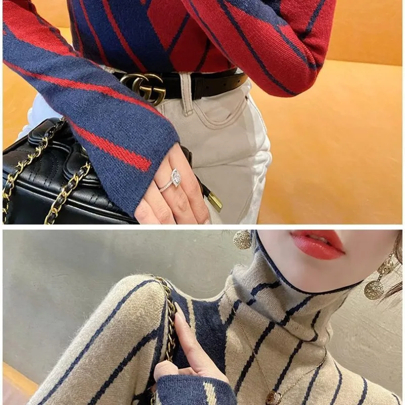 Women\'s Autumn Winter New Fashion Elegant Stripe High Neck Pullover Casual Versatile Long Sleeve Slim Fit Sweater Knitted Tops
