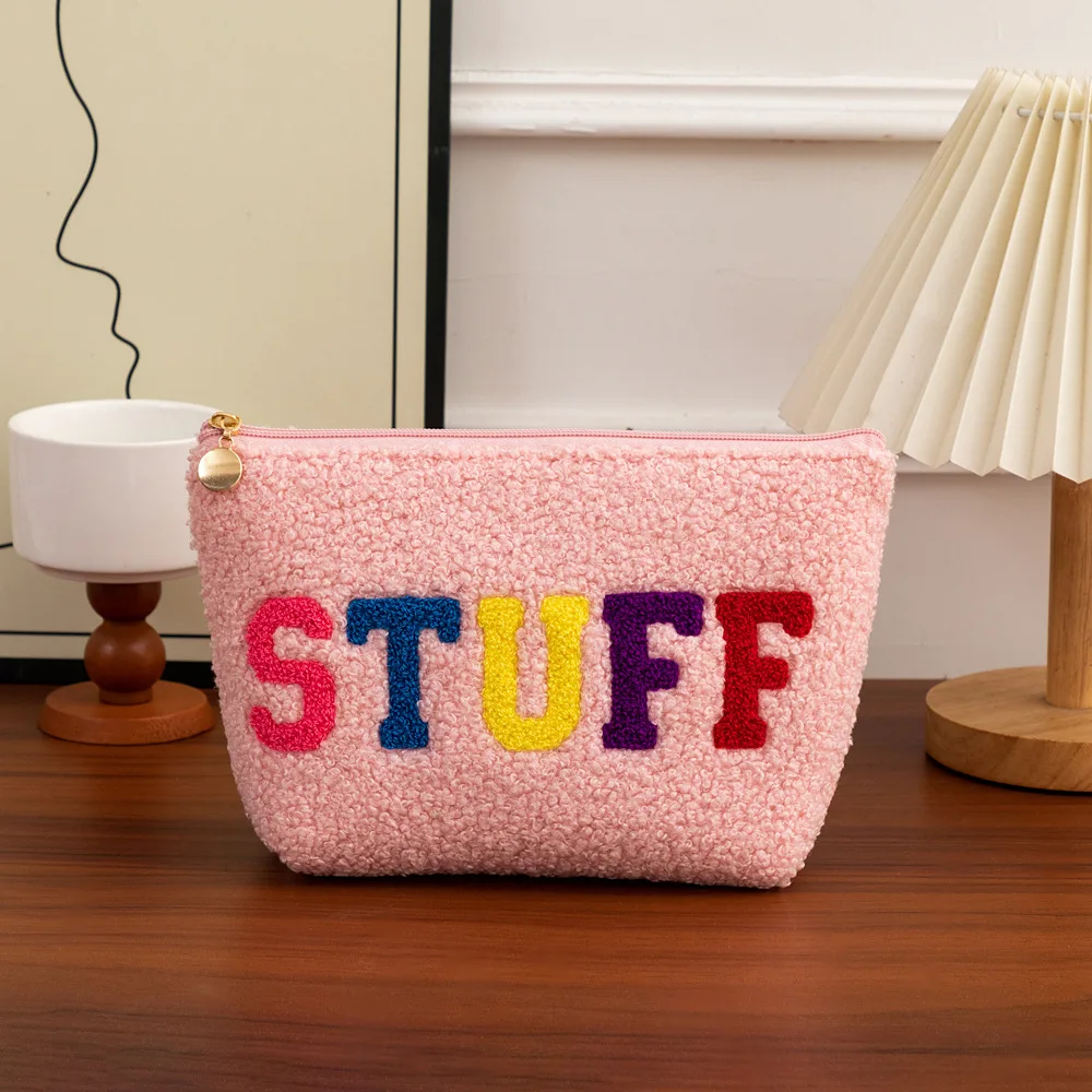 Casual Women's Plush Storage Bags Embroidered Letters Makeup Case Ladies Cosmetic Bag Toiletry Travel Female Coin Purse Handbags