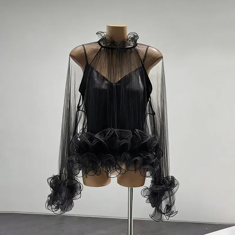 HKSH Women Shirt Long Sleeves Sheer Mesh Fashion Elegant Ruffled Pleated High-end Luxury Sexy Top New Spring Summer 2026 HK19243