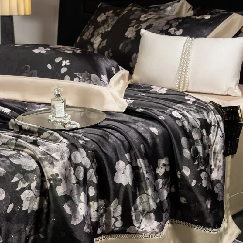 Customizable led luxury 100s Tencel printing hollow four-piece set skin-friendly silky smooth summer cool quilt