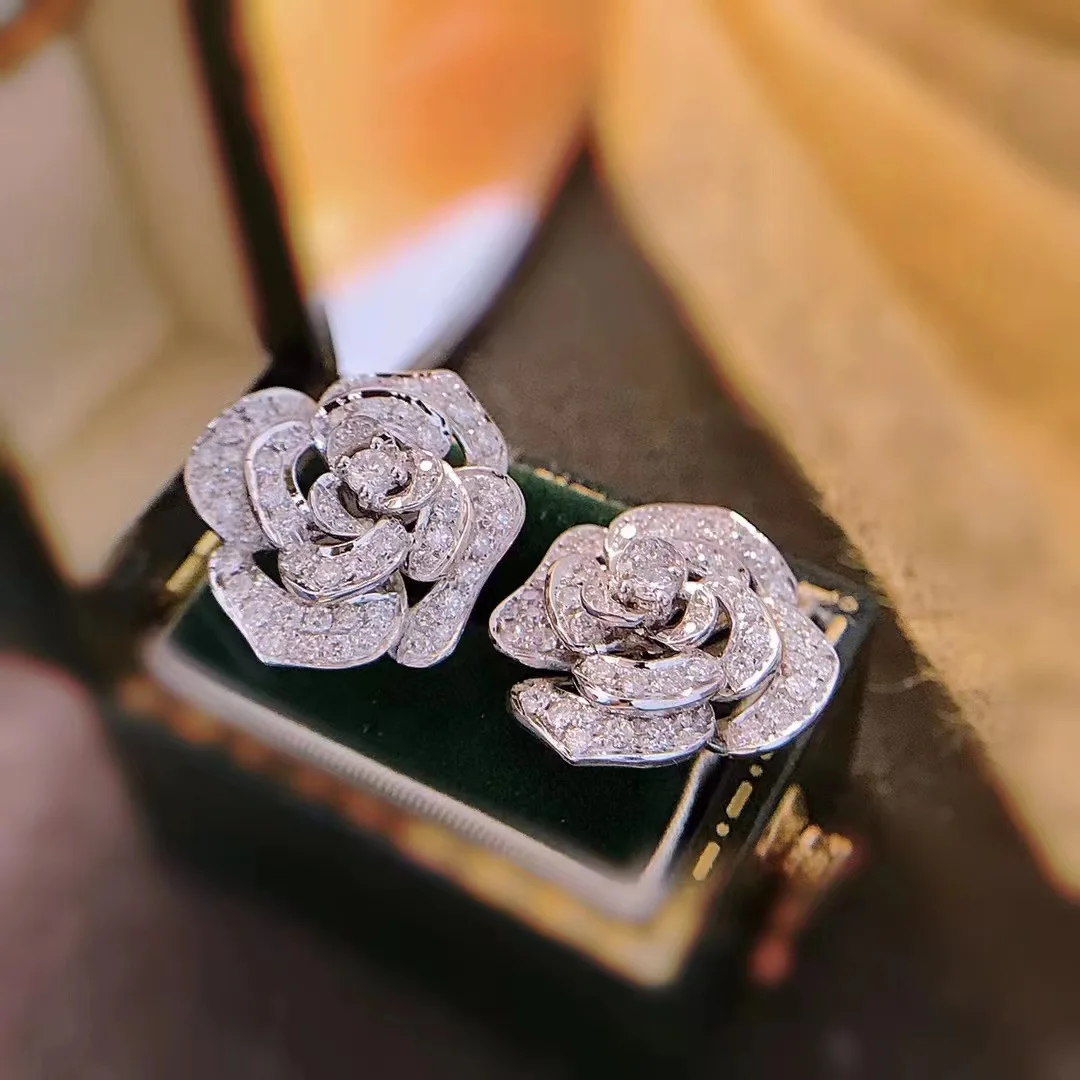 New in dazzling full diamonds inlay rose flower earings stud high-end 925 silver exquisite earrings for women wedding jewelry