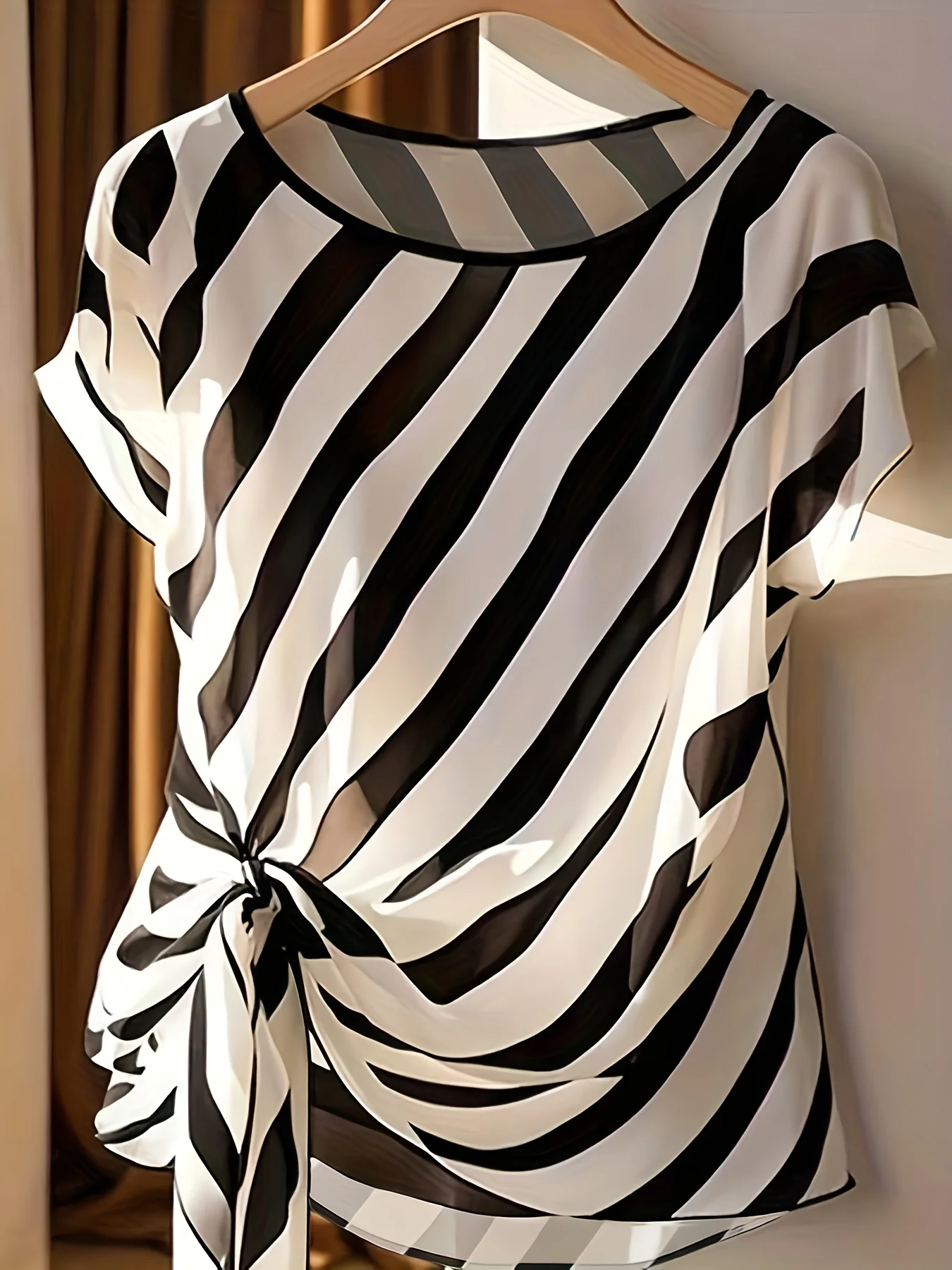 

Women's Striped round Neck Sleeveless Short Shirt with Butterfly Waist Tie Casual Business Top