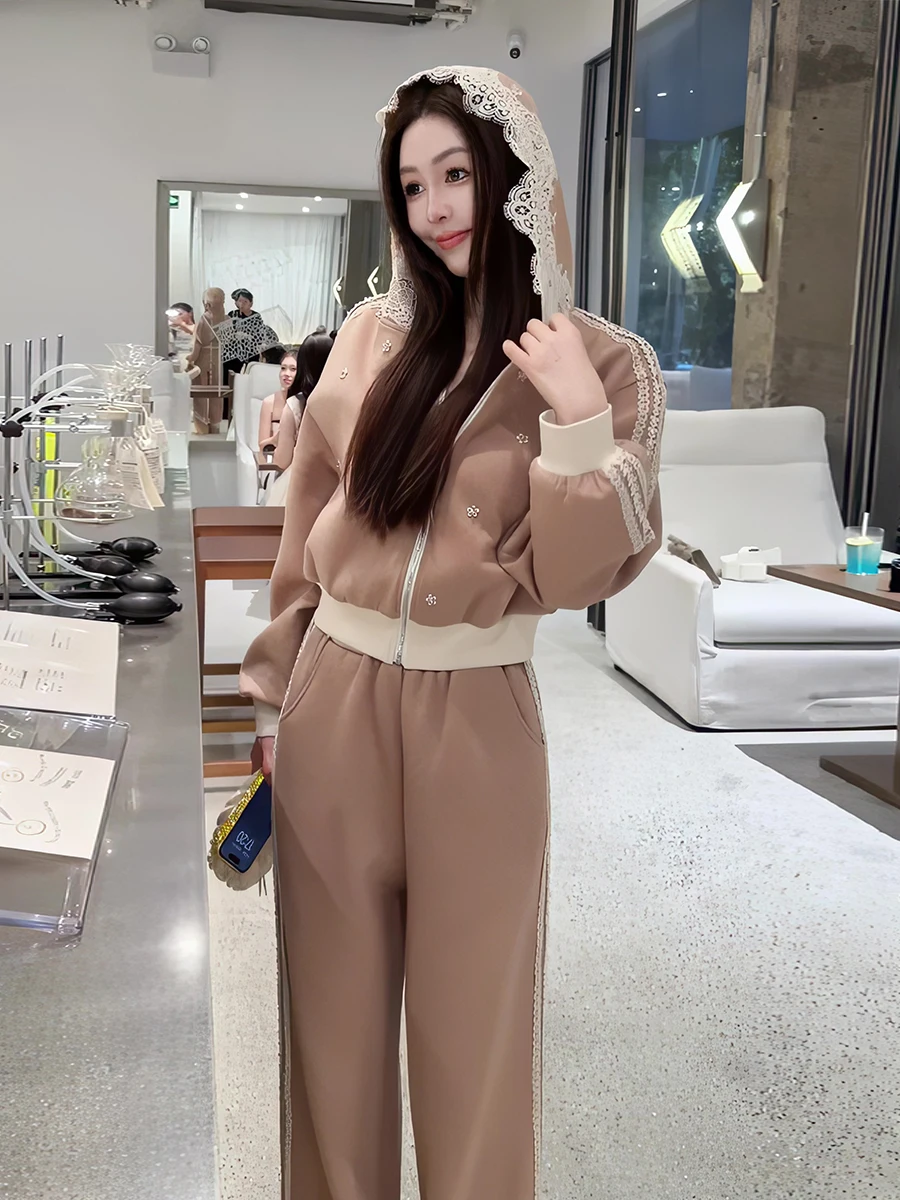 

Korean Style Sweet Casual Sports Set Women's Autumn Unique Beautiful Short Jacket Top Wide Leg Pants Two Piece Set