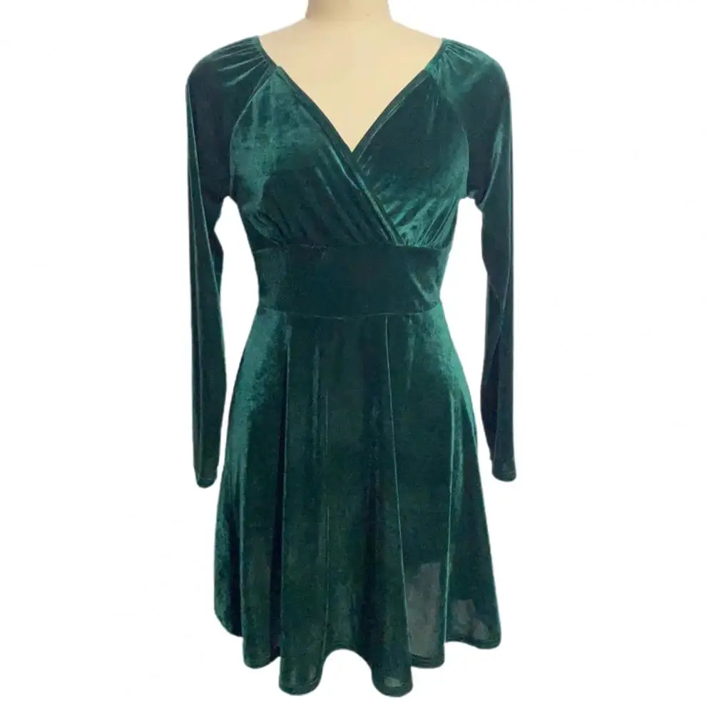 

High Elasticity Dress Elegant V-neck Velvet Party Dress for Women A-line Christmas Gown with Long Sleeves High Waist for Ladies