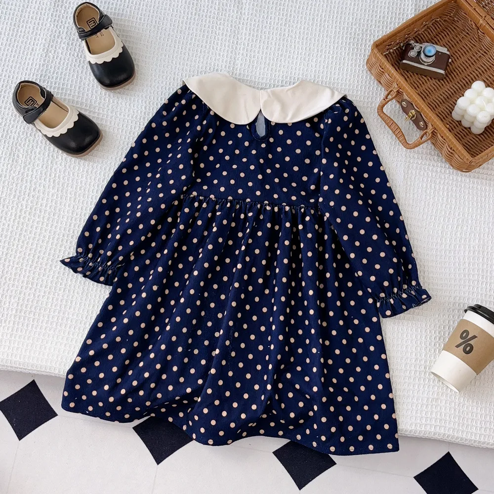 2024 Winter New Girls Dress Long Sleeve Peter Pan Collar Dot Dark Blue Beige Cute Designer Girls Princess Dress Vestido 2-7T