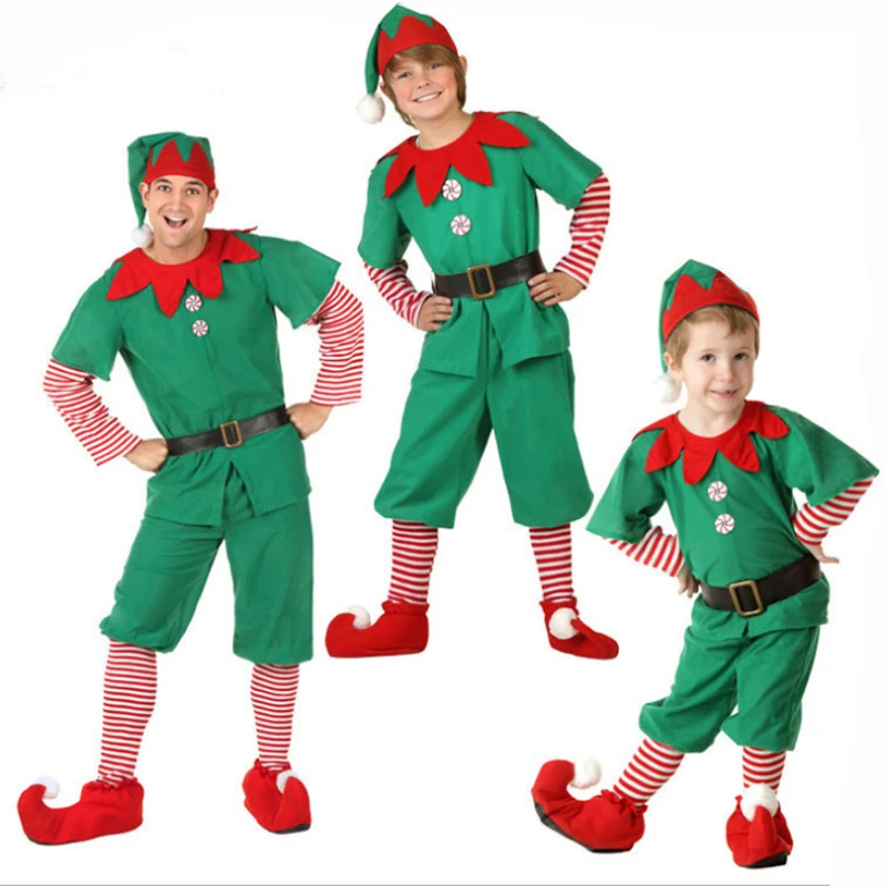 Men Women Girls Boys Christmas Santa Claus Costume Suit Green Elf Cosplay Family Carnival Party New Year Fancy Dress Clothes Set