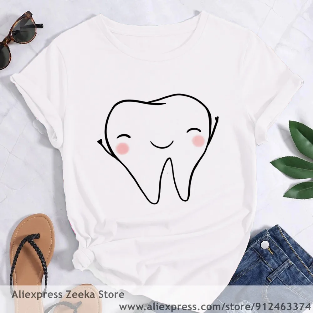 Tooth and Dentist Graphic Aesthetic  Women Funny Print Ladies T-shirt Girl Y2K Harajuku Basis O-collar White Shirt Short