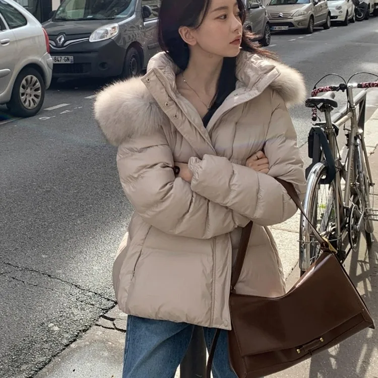 Women's down Jaet ort Coat  Fur Collar Hooded Slimming Warmth East Gate Autumn Winter Faion Commute Sle Long Sve