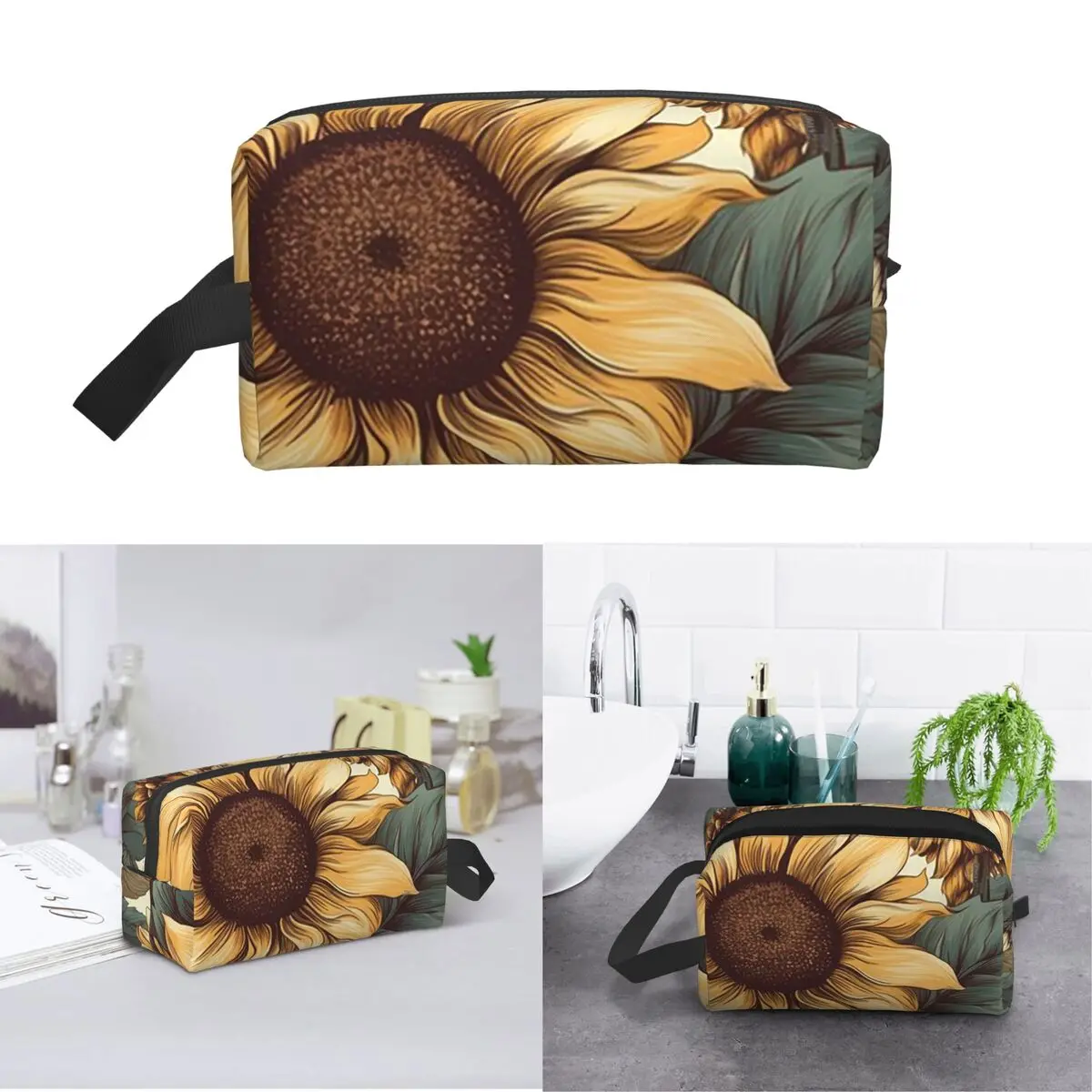 Golden Sunflower Cluster Vintage Botanical Drawing Makeup Bag Cosmetic Storage Dopp Kit Toiletry Cosmetic Bag for Women Beauty
