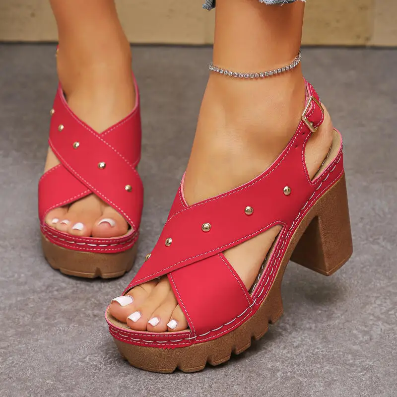Vintage Super High Heel Cross Strap Gladiator Sandals Women Summer 2026 Metal Rivet Designer Ankle Strap Sandals Woman's Shoes