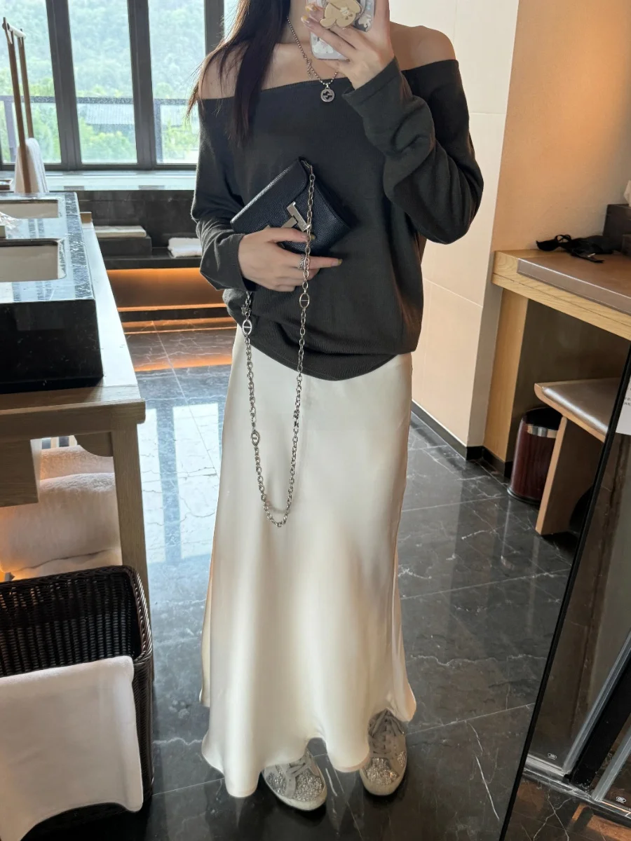 

Bling Bubble Light Sensation Satin Soft White Simple Fi Tail f Skirt High Waist Polyester Long Skirt X ape Pure Color