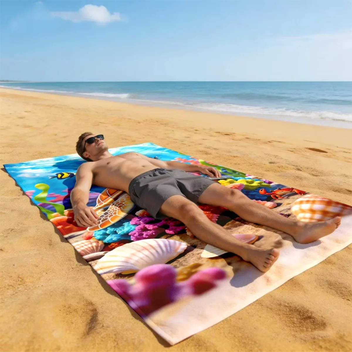 Cute Turtle & Marine Life Print Beach Towel Quick Dry Soft Lightweight Absorbent Portable for Men Women Beach Camping