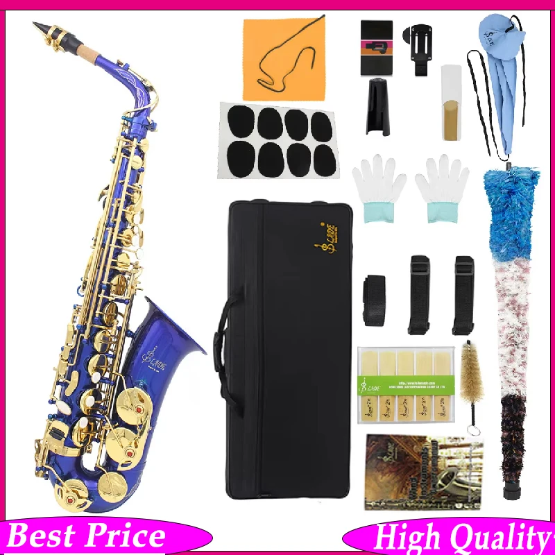 

Саксофон альт SLADE, синий, в тональности Ми-бемоль, полный комплект для начинающих и студентов, с кейсом, салфеткой для чистки, перчатками, ремнем на шею и аксессуарами