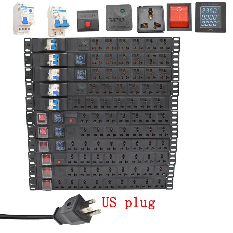 

19" Rack PDU Power Strip Distribution Unit 5/6/7ways Rackmount for cabinet 2M ammeter Short circuit switch Universal socket