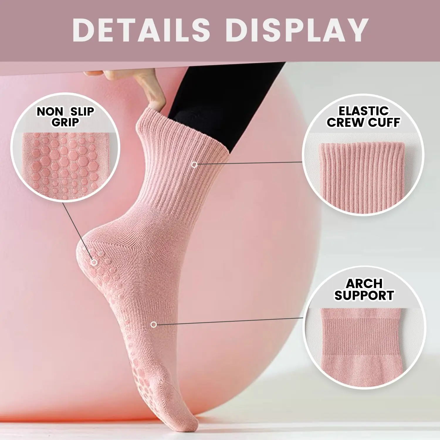 4-6 pairs of women\'s yoga socks, solid color midsole anti slip grip yoga Pilates ballet socks