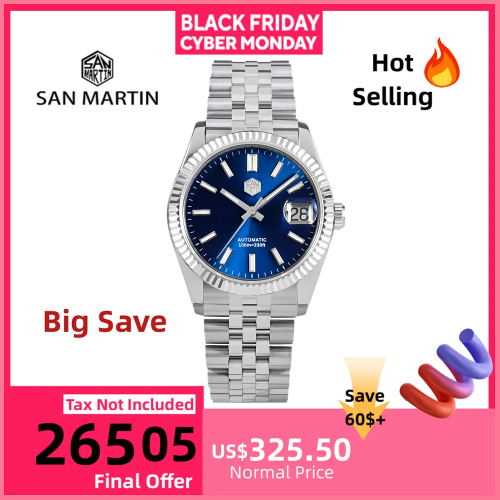 

Часы San Martin для мужчин, механические часы, водонепроницаемые наручные часы 36,5 мм, роскошные автоматические часы с датой, сапфировое стекло, 10 бар, SN0058x