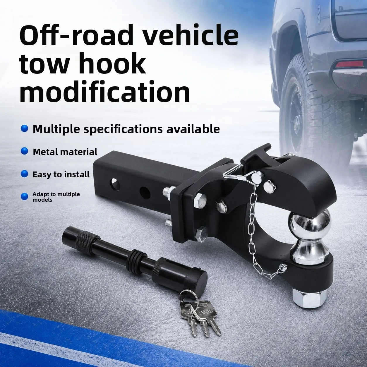 Universal Rear Tow Hook for Pickup Off Road SUV, Black Carbon Steel Trailer Recovery Hitch with Locking Pin, Bolt On No Drill