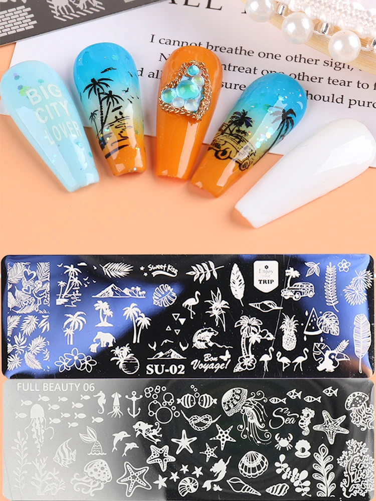 Feuilles de bananier tropicales, plantes de cocotier, modèles de transfert d'ongles, thème océan d'été, étoile de mer, méduse, plaques d'estampage pour ongles