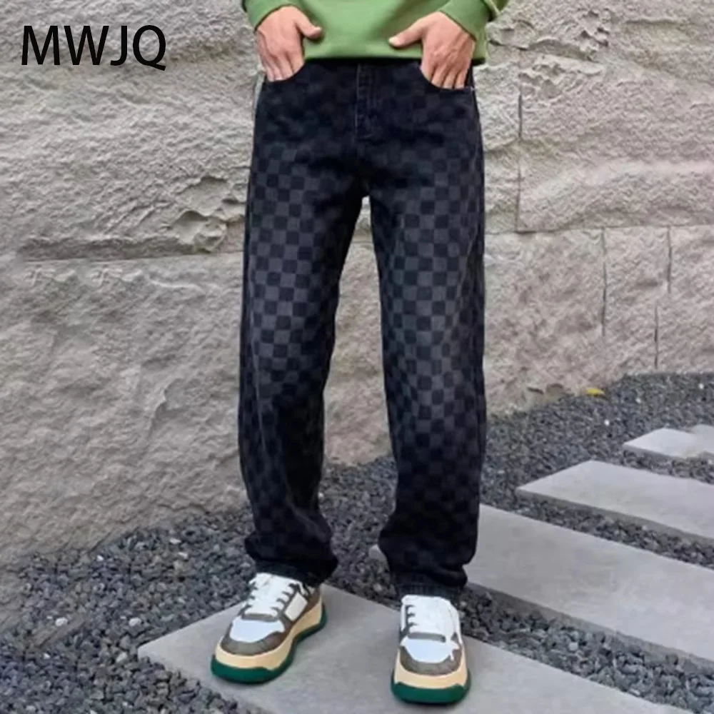

MWJQ Paris Style Mosaic Pattern Design Tide Jeans Men's High Street Personality Straight Leg Pants Unisex Casual Trousers 010272