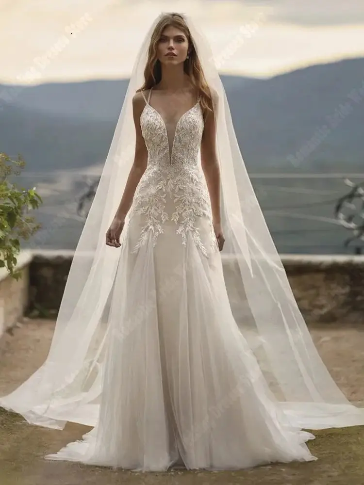 Eleganti abiti da sposa da donna con scollo a v profondo stampa floreale superficie in Tulle abiti a-line lunghezza di lavaggio abito da principessa in Chiffon luminoso