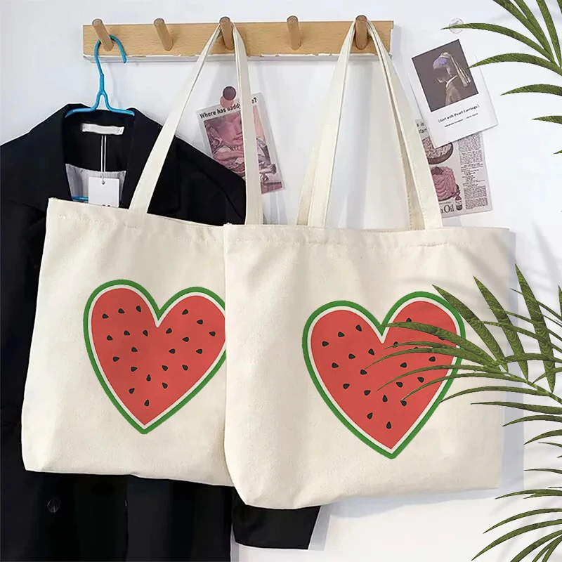 Watermelon Heart Print Canvas Tote Bag, Customizable Reusable Shoulder Bag for Summer Travel & Daily Use