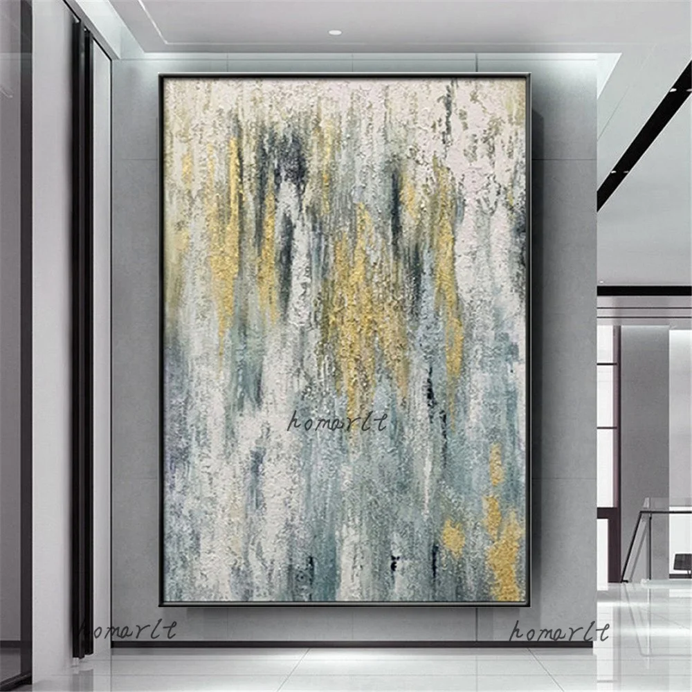 

100% Hand-Painted Abstract Oil Paintings Modern Thick Texture Gold Canvas Pattern Blue Yellow Picture Decor Living Room Mural