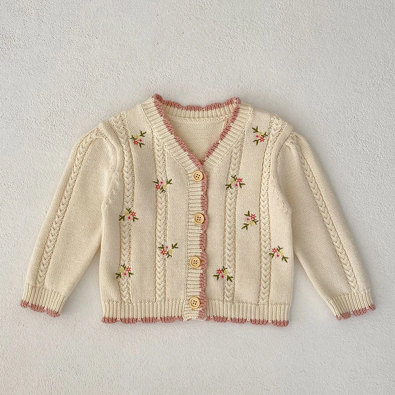 Infant Baby Girl Knitting Cardigan V-neck Flower Embroidery Long Sleeve Cardigan Coat Autumn Spring Toddler Baby Girls Sweater