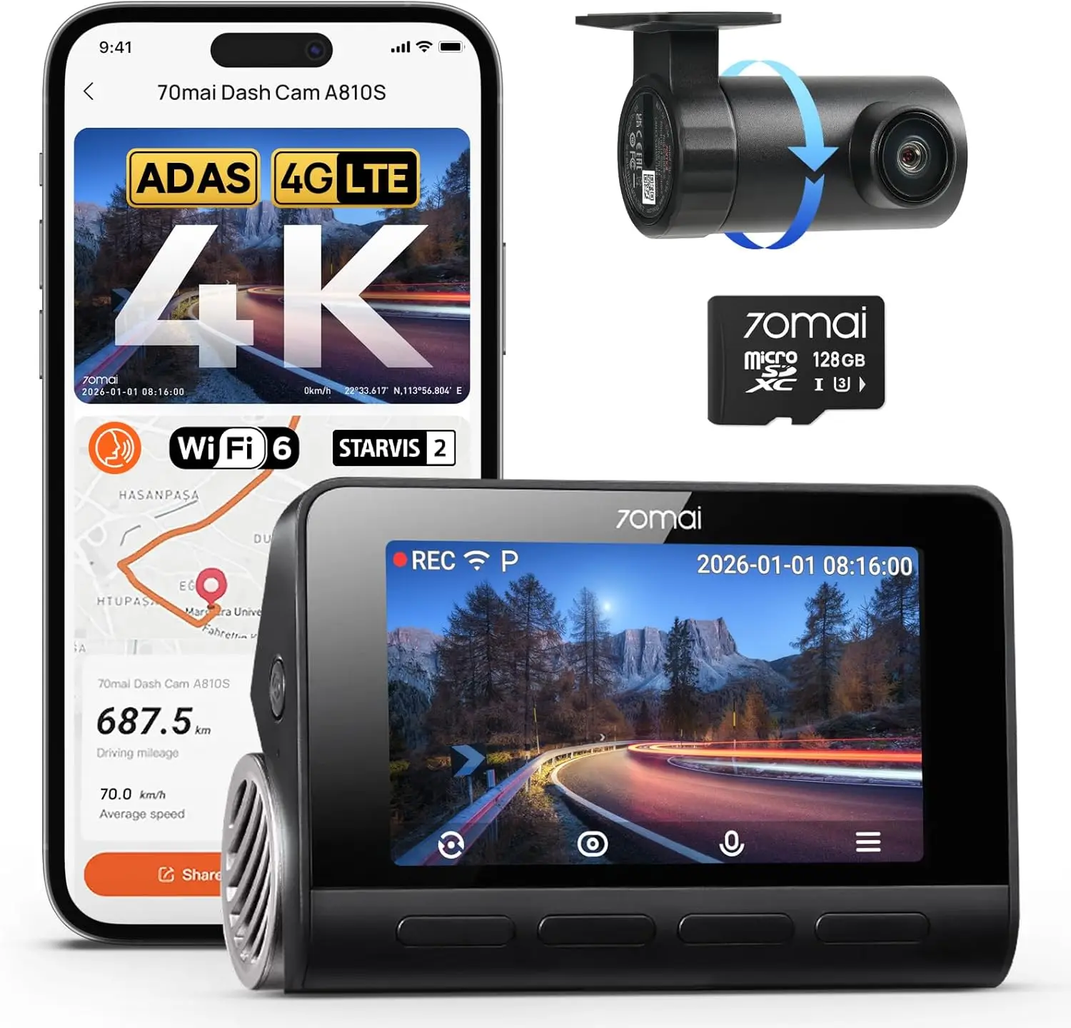 

A810S 4K Dual Dash Cam Front & Rear, STARVIS 2 HDR Super Night Vision, AI Motion Detection & 24/7 Parking, Built-in GPS, Wi-Fi &
