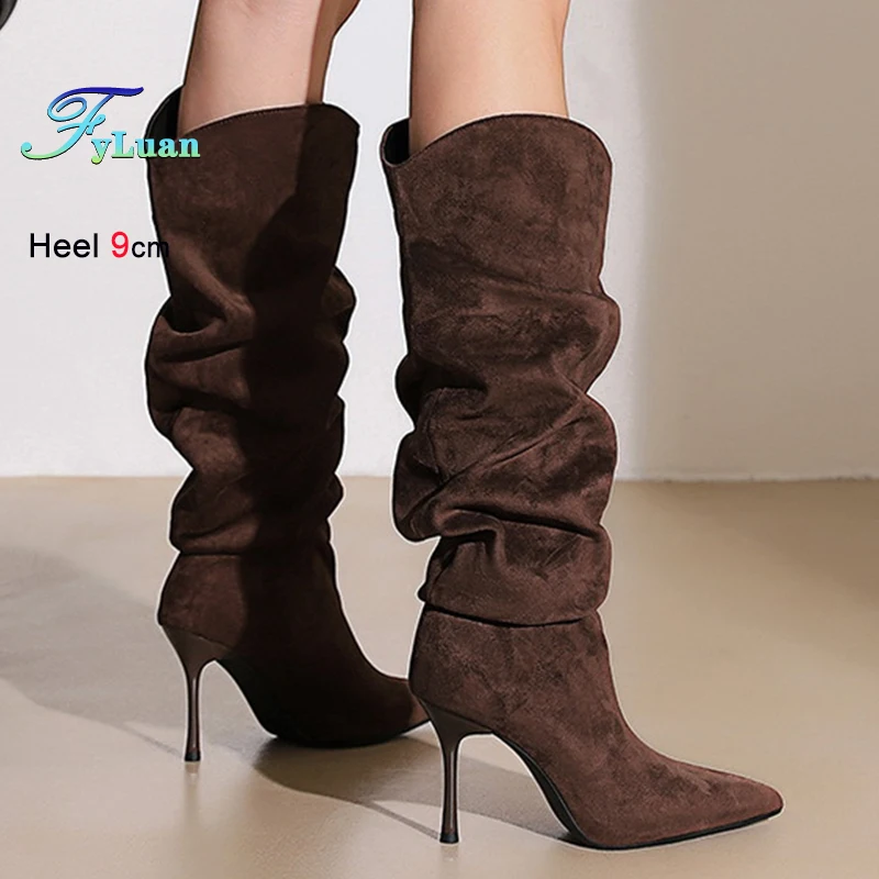 

Autumn Winter Dark Brown Suede Pleated Women's Knight Boots Thin High Heels 9cm Pointed Toe Ladies Knee High Boots Stacked Boots