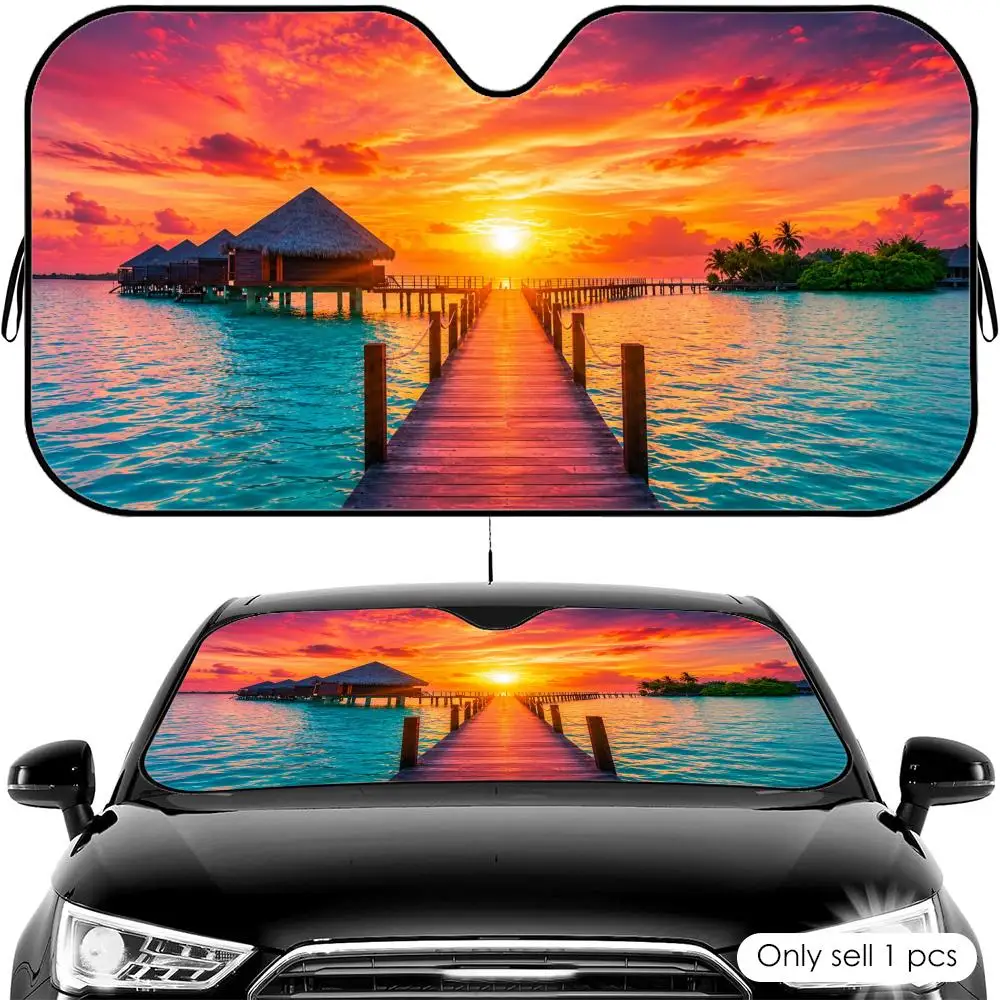 

Tropical Sunset Escape Sun Visor Car Front Windshield Shade UV Block Heat Shield Foldable Universal Fit Cover