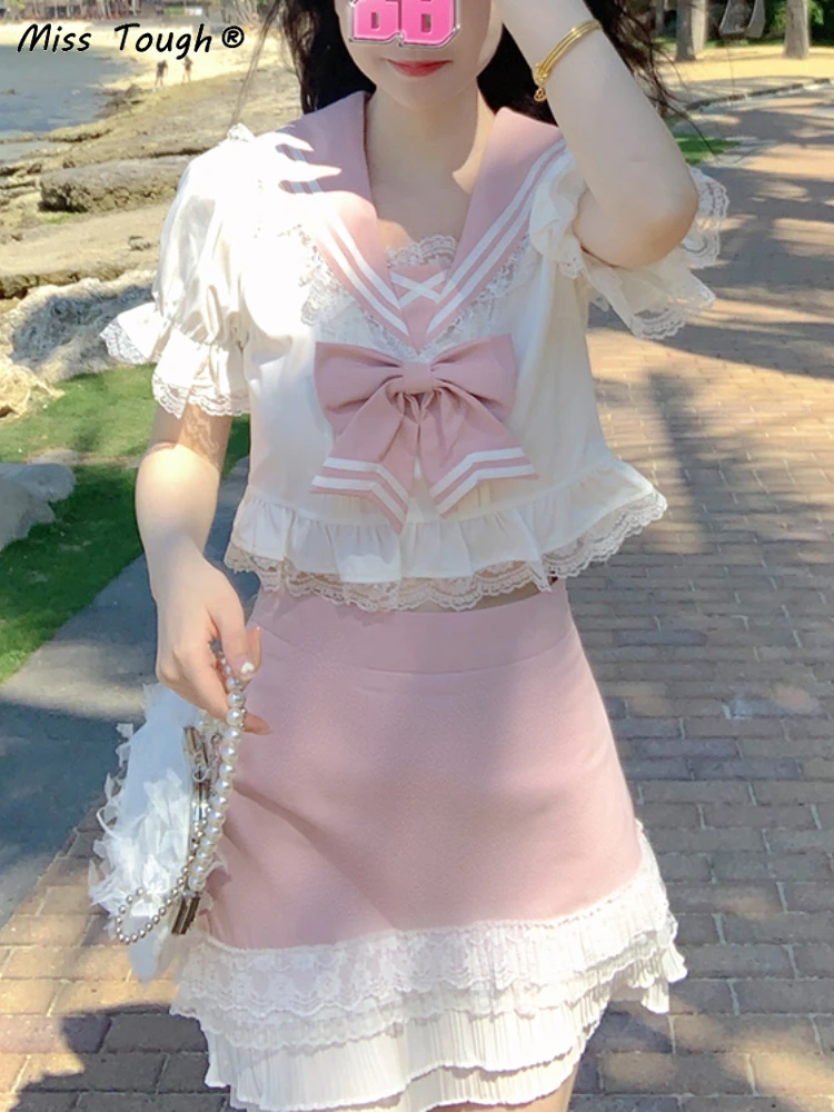 Chemisier en dentelle Kawaii pour femme, nœud doux, mode coréenne mignonne, manches bouffantes, style collège japonais, décontracté, été, 2022