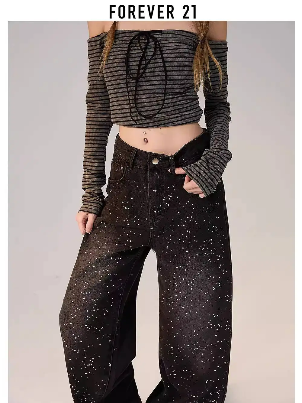 2025 Spring New  Women's Black Heavy Industry Rhinestone Jeans  Versatile Slimming Loose Wide Leg Straight Pants