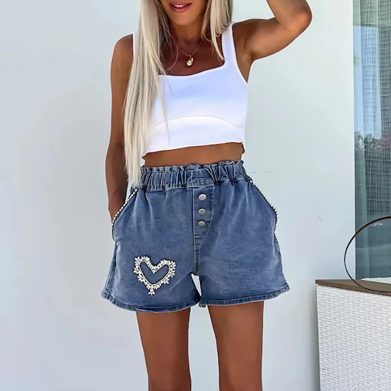 Heart Diamond Elastic Waist Pocket Shorts 2024 Summer High Street Button Slim Shorts Summer Lady Fashion Patchwork Sports Shorts