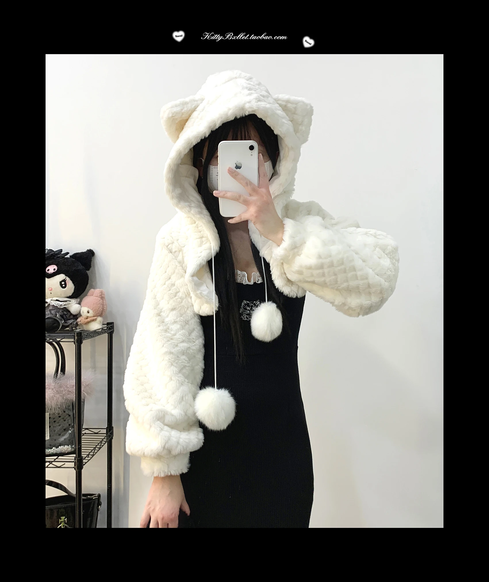 Dophee Original Landmine System Hooded Cute Ears Short Jacket Spice Girls Full Sleeve Hairball Autumn Winter Women Plush Coat