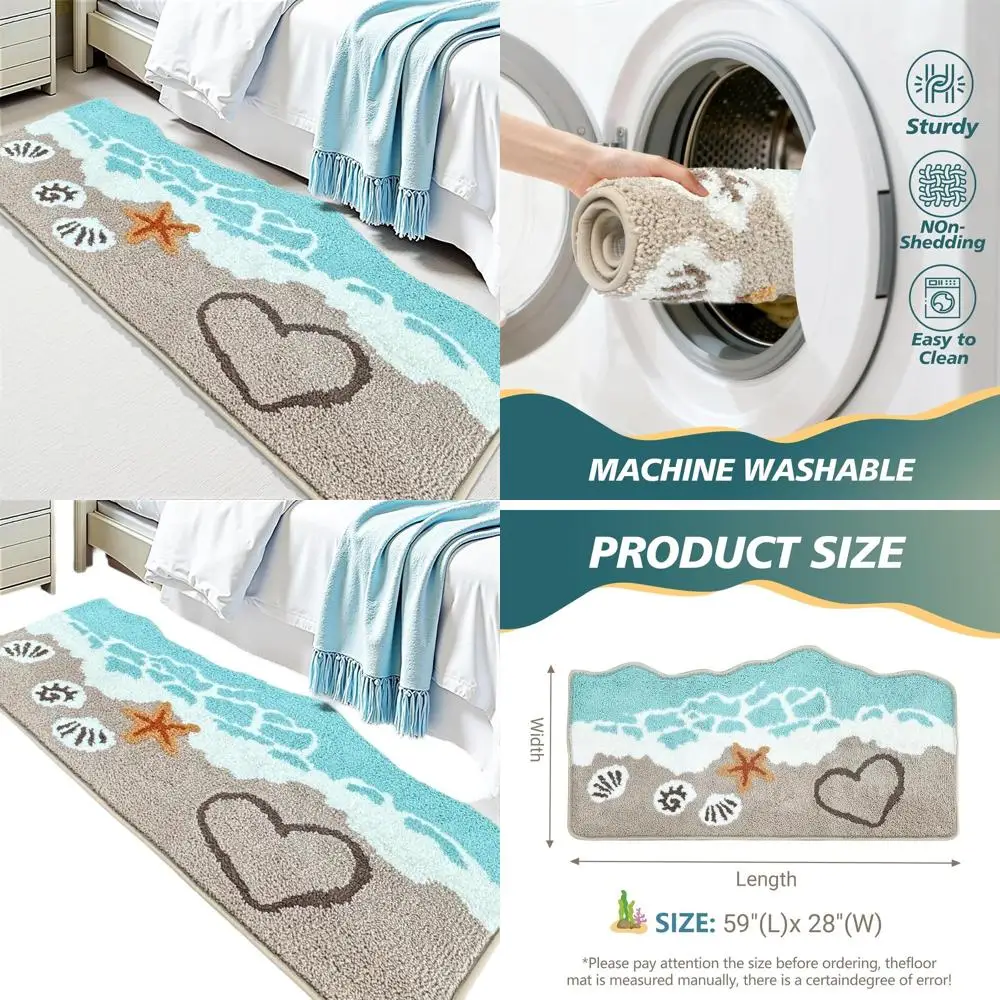 Ocean-Inspired Soft Absorbent Bath Mat with Non-Slip Backing, Blue Sea & Starfish Pattern, 28x59 Inches