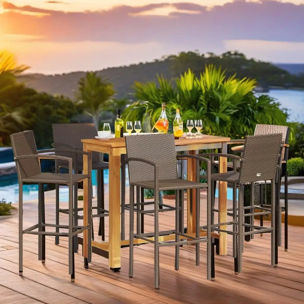 7-Piece Brown Acacia Wood & Poly Rattan Patio Bar Set - Stylish Outdoor Furniture