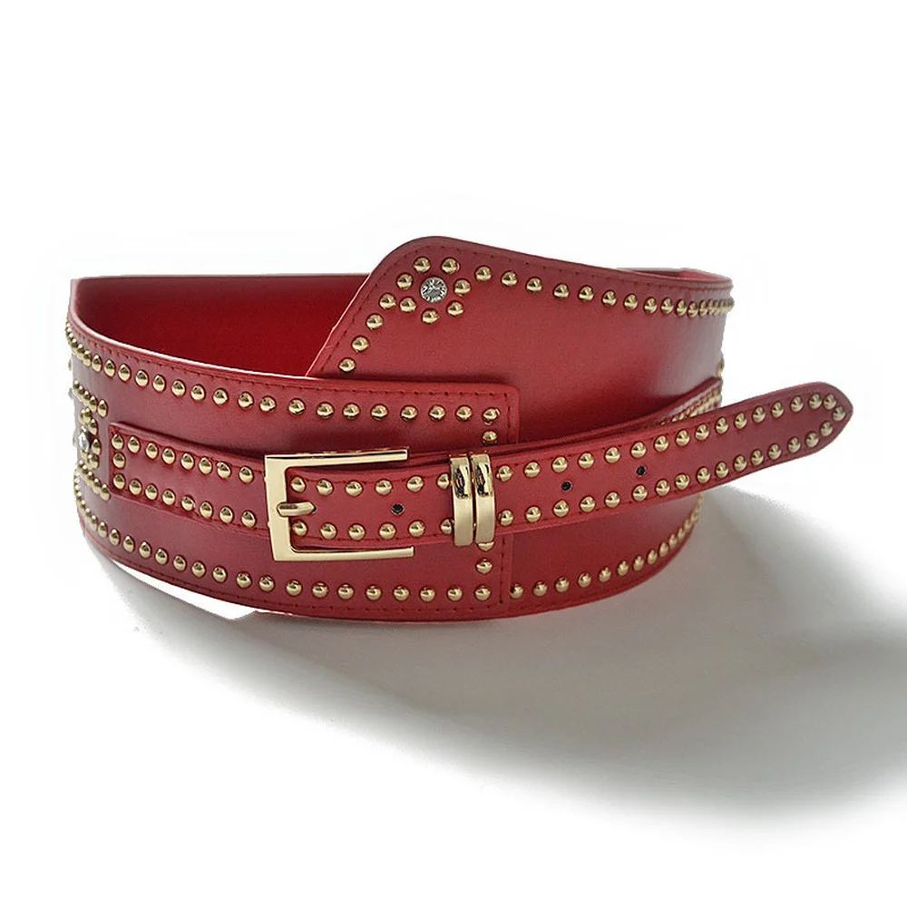 Leather Belts For Ladies Red Wide Belts For Dresses Women Cummerbunds Rivet Red Women\'s Fashion Corset