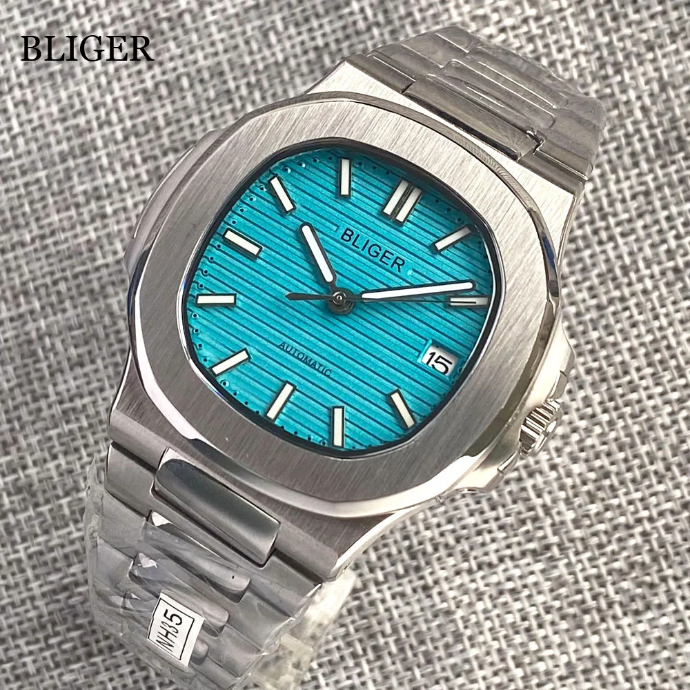 Relógio masculino BLIGER, Miyota 8215 mostrador verde turquesa safira, índice luminoso de vidro de volta, vestido azul quadrado, Miyota 8215, NH35A