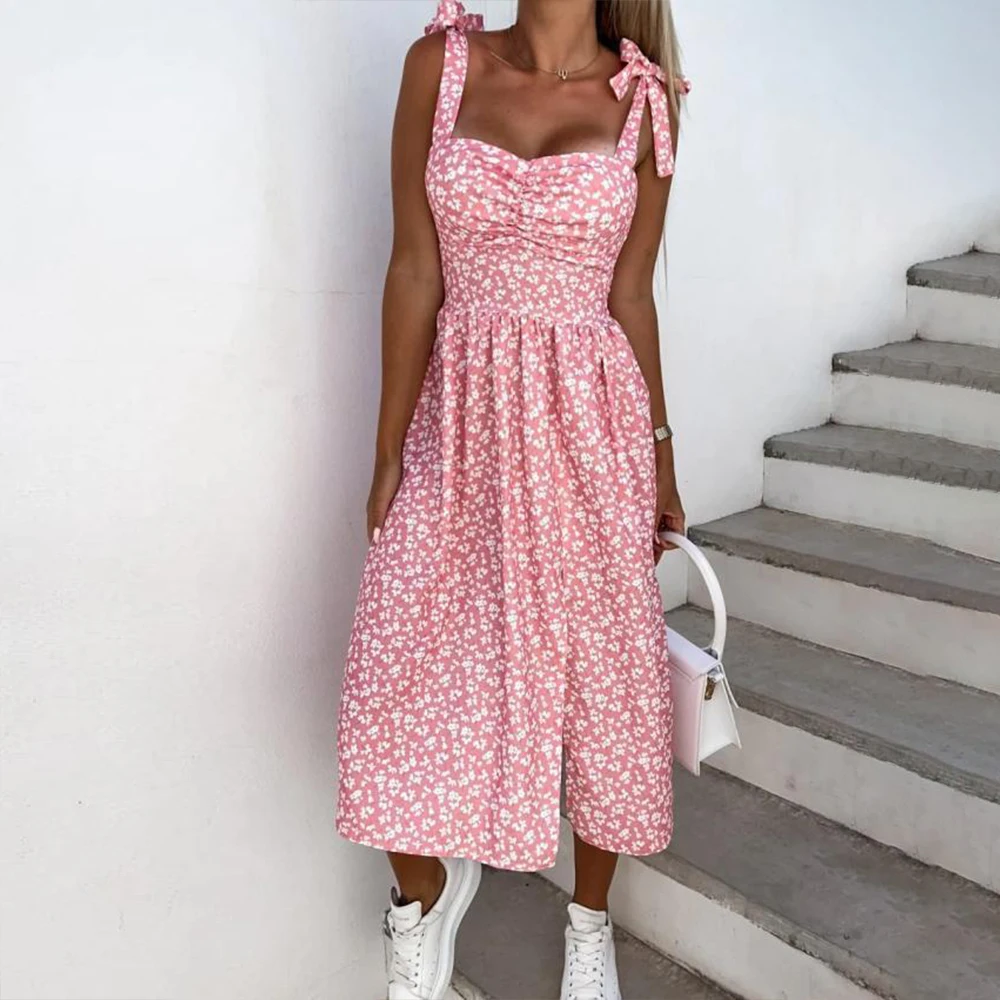 Abito longuette da donna Boho floreale con spalline con scollo a V e lacci con spacco alto Abito estivo da donna per le vacanze al mare Abito estivo a trapezio Taglia S-2XL