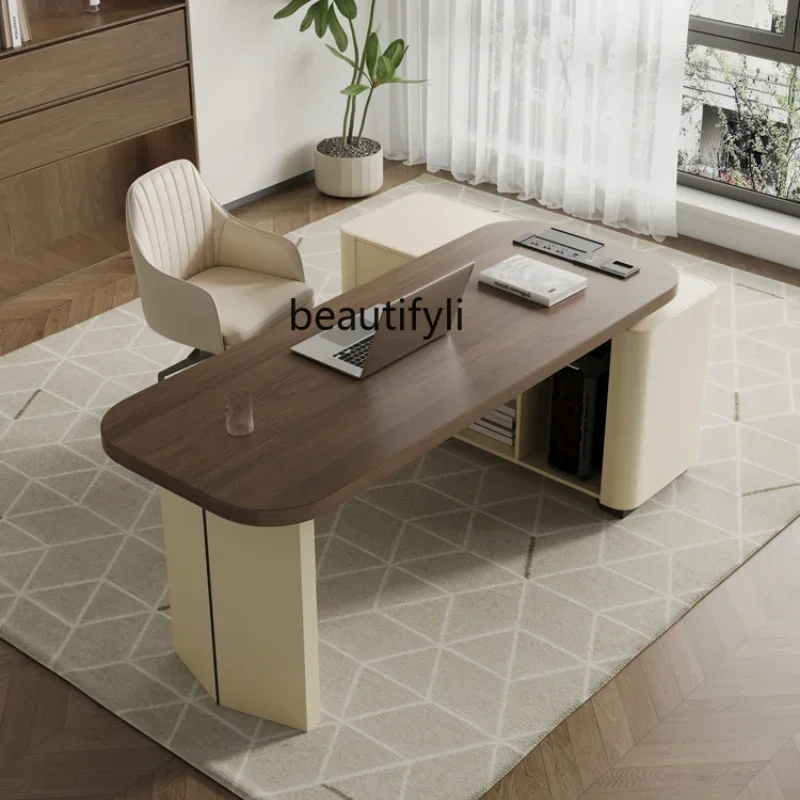 

Italian household saddle leather solid wood computer desk retractable bedroom study desk