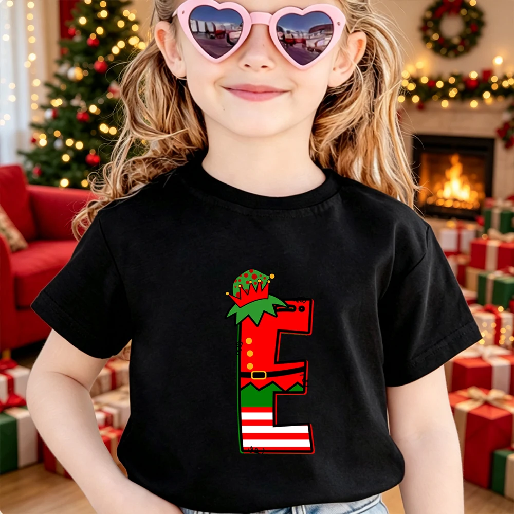 Kids Christmas T‑Shirt Funny Elf Suit Design A‑Z Letter Holiday Print Cotton Short Sleeve O‑Neck Boys Girls X‑mas Party Tee