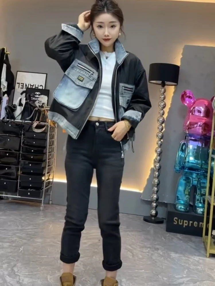

2025 Heavy Industry Splicing Denim Big Pocket Contrasting Color Stand-up Collar Loose Coat Women Trendy Locomotive Clothing