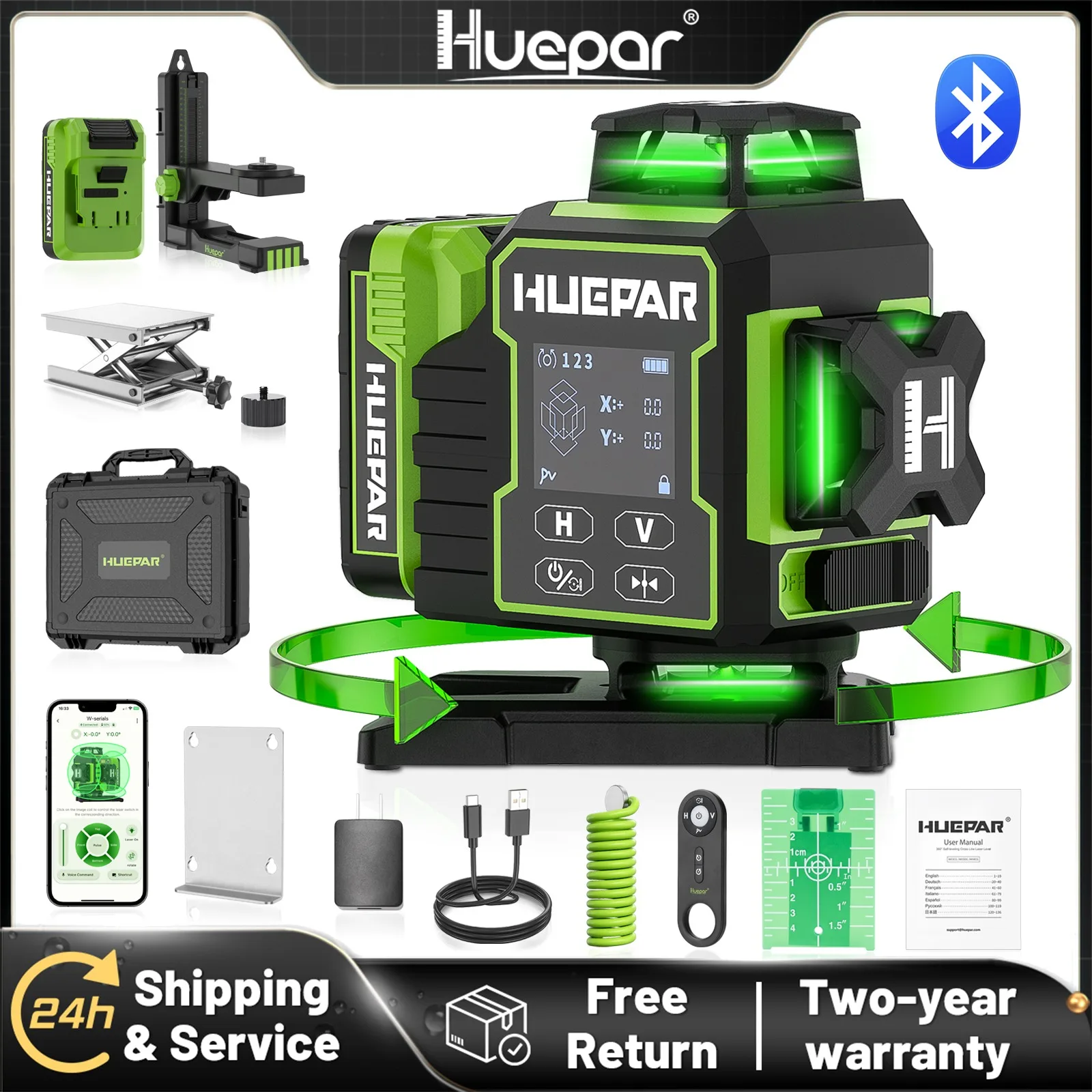 Huepar W04CG Laser Level Green Cross 4D 16 Lines Bluetooth Lazer Leveler With Electric Rotating Base & Large LCD Screen & Remote