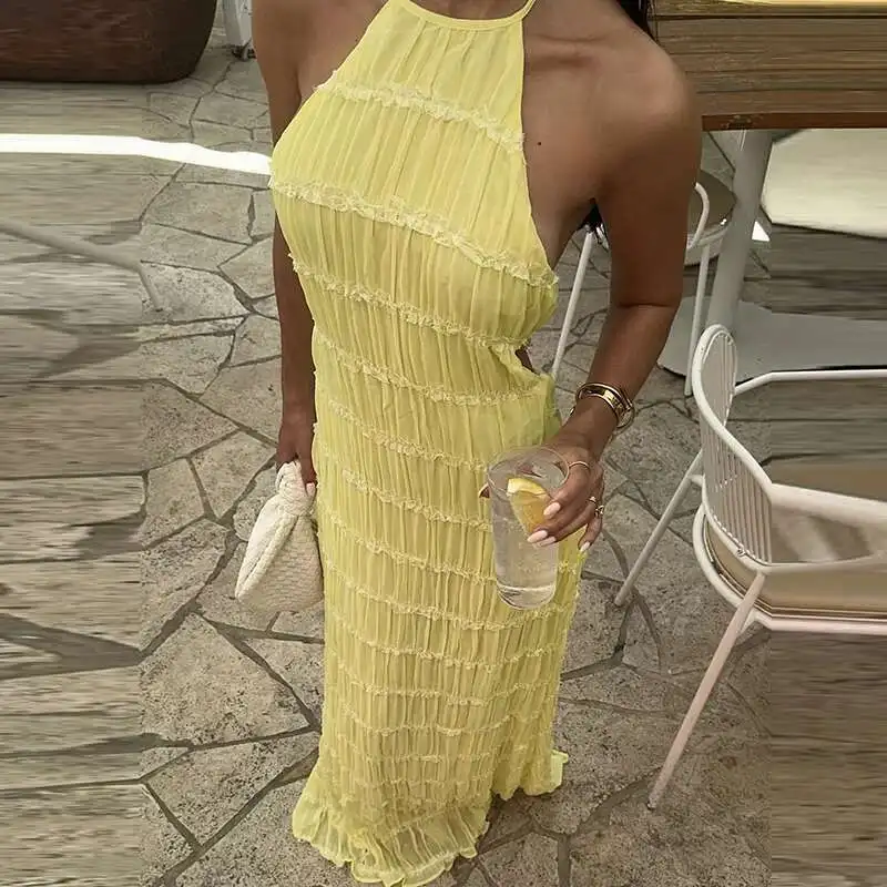 Women's Sexy Halter High Waist Beach Robe Fashion Hollow Backless Party Dresses Summer Seaside Vacation Pleated Long Dress