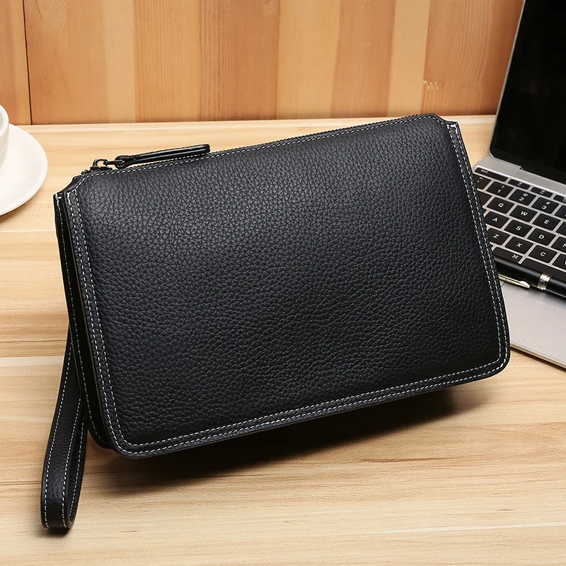 Men Genuine Leather Clutch Bag Handbag Man Black Zipper Business Clutch Pouch Card Holder Long Wallet Money Clip