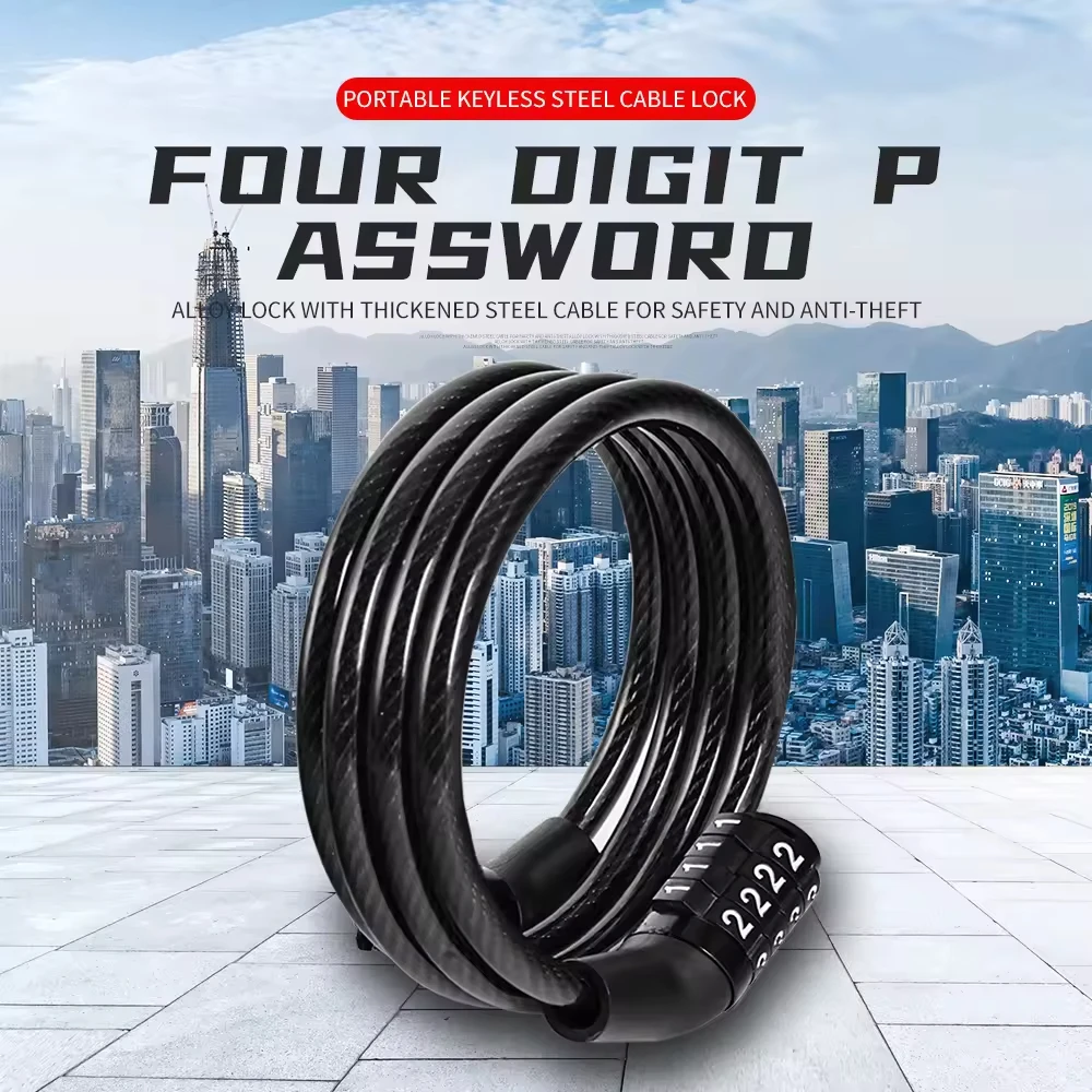 

High Security 4 Digit Combination Bike Cable Lock Long Anti Scratch Cut Resistant Durable Steel Chain Lock Bicycle Lock