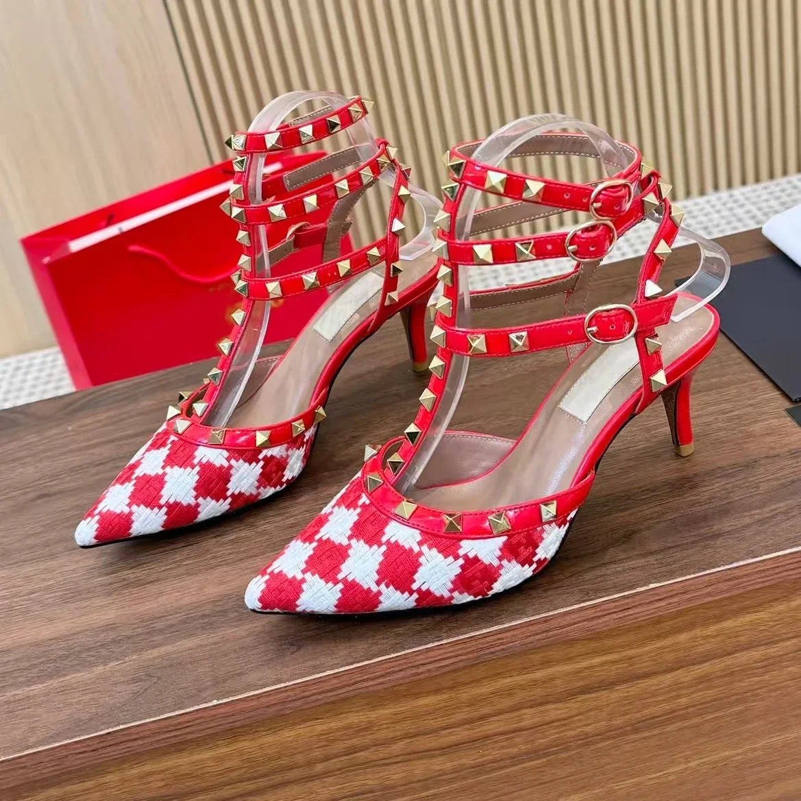 SHIYUNJIN Newest Summer Fabric Pointed-Toe High Heel Ankle-Strap Woman Sandals Stiletto Ladies High Heels Female Pumps Zapatos
